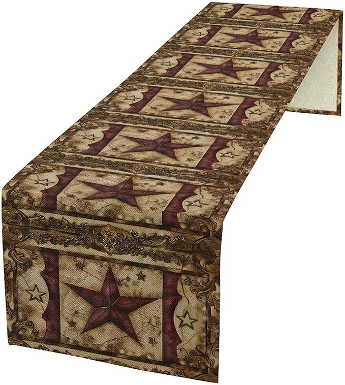 Wild West Table Runner, Rustic Farmhouse Texas Star Vintage Rodeo Cowboy Old Sign Wild West Print Pattern for Home Kitchen Table Decor Dining Coffee Room Garden Party Decor 13x120in