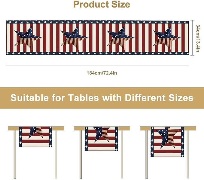 4th of July Table Runner, Patriotic Independence Day American Stars Stripes Flag Print Table Runner for Farmhouse Kitchen Dining Holiday Birthday Party, 13x90inch
