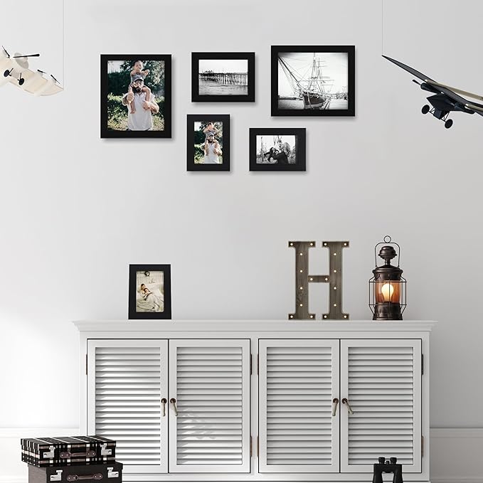 5x7 Picture Frame Set of 4, High Definition Glass Black Picture Frame, 5 x 7 Wood Rustic Photo Frames for Horizontal or Vertical Table Top and Wall Mounting