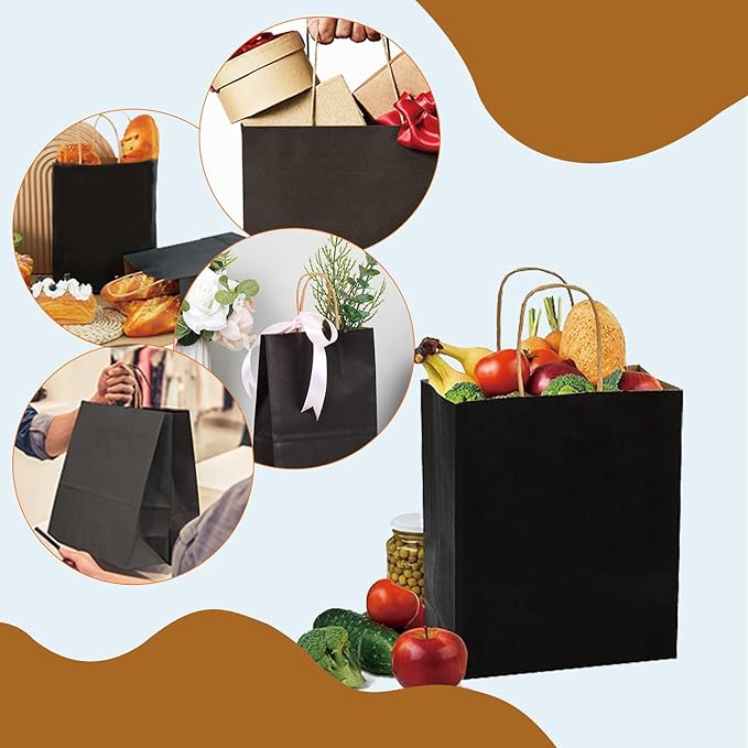 BAG BOX 50 Pack Small 5.9x3.1x8.25 Inch Black Kraft Paper Gift Bags with Handles for Bulk Shopping, Retail, Craft, Party Favors, Wedding, Grocery & Sacks