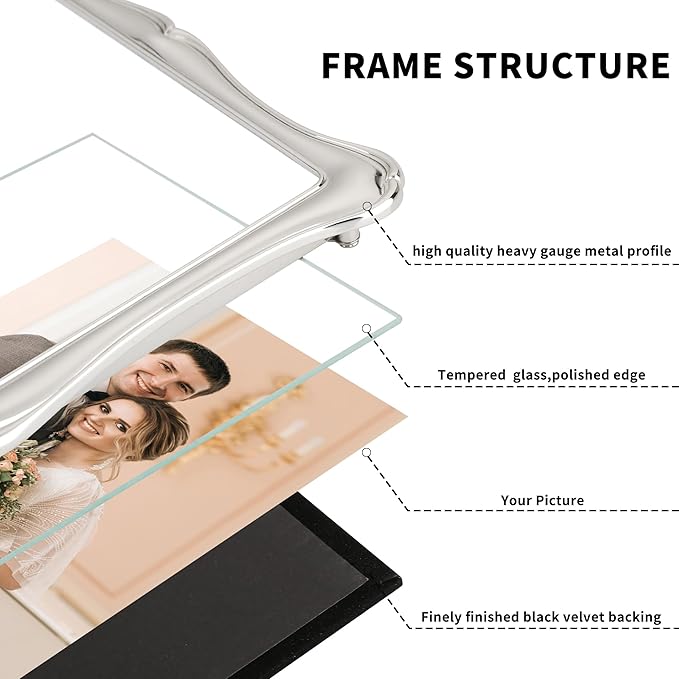 8 x 10'' Premium Alloy Silver Photo Frame with 5x7'' Mat - Luxury Hi End Display Picture Frames 5x7'' with Black Velevt Back