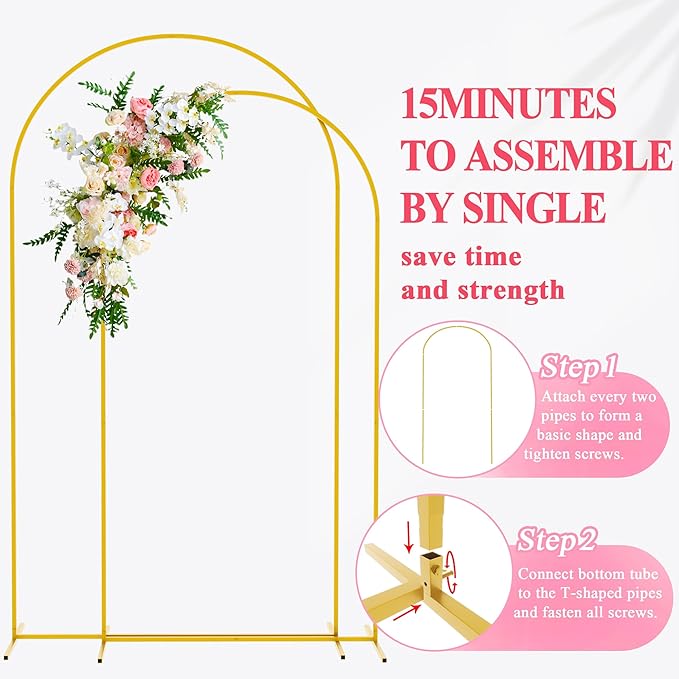 Arbors Gold Metal Garden Arch Set of 2, Two Sizes with Crossbar Base