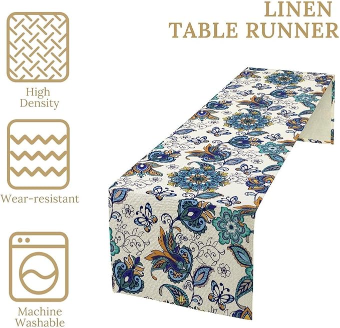 Oriental Paisley Table Runner, Luxury Vintage Blue Teal Floral Butterflies Print Table Runner for Home Dining Kitchen Coffee Table Party Decor, 13x120inch