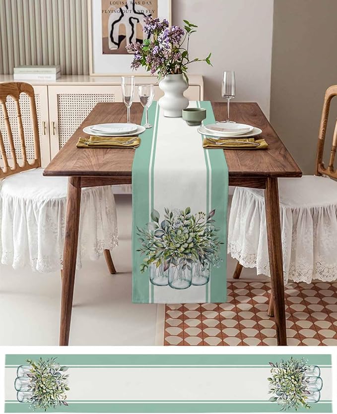 Eucalyptus Cotton Linen Table Runner for Dining Kitchen, Wedding Outdoor Party Tablerunners Decoration, Green Leaves Botanical Plants Watercolor Dresser Scarf Coffee Tablecloth Runners 13x72 Inches