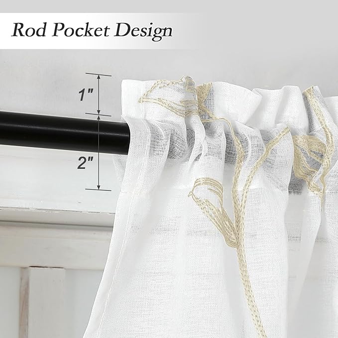 VISIONTEX Sheer Voile Curtain Valances, Decorative Leaves Embroidered, Rod Pocket Window Treatment for Kitchen/Rustic Bedroom/Living Room (54 x 16 Inch,1 Panel)