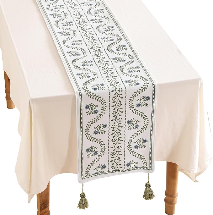 ISAENNE Designer White Elegant Linen Table Runner 102 Inches Long,Chinoiserie Floral Decor Durable Table Runners for Dining Tables,Thanksgiving,Kitchen Tables,Christmas,12"*102"-Mosella D