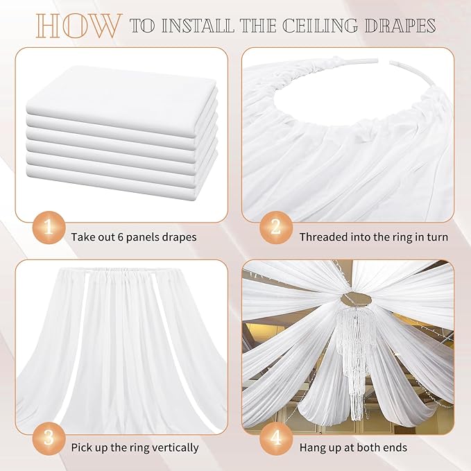6 Panels White Ceiling Drapes for Wedding 5ftx20ft Sheer Drapery Chiffon Fabric Arch Draping Curtains for Party Ceremony Birthday Baby Shower Reception Stage Ceiling Decorations
