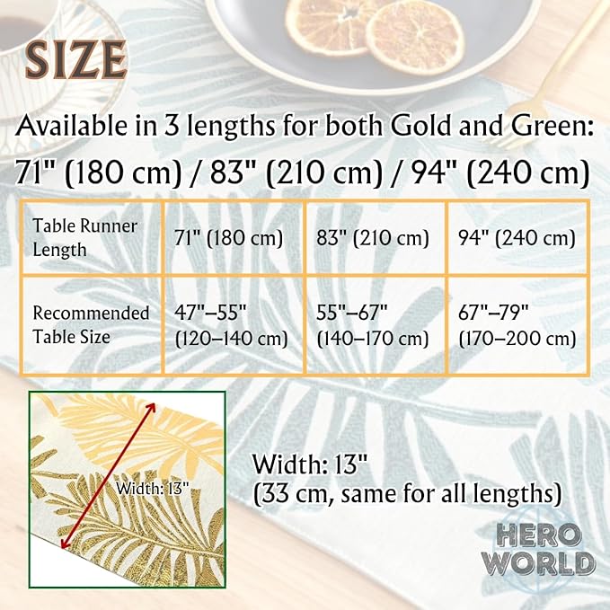 Monstera Leaf Table Runner – Elegant Fabric Table Centerpiece, Machine Washable, Gold or Green, 71"/83"/94" Length, 13" Width (Gold/94)