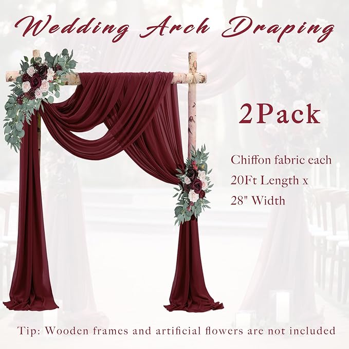 Wedding Arch Draping Set, 2 Burgundy Chiffon Panels, 20 Ft x 28 In