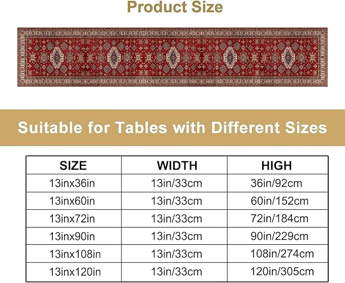 Boho Floral Vintage Table Runner, Retro Red Brown Flower Rustic Country Farmhouse Abstract Pattern for Home Kitchen Table Decor Dining Coffee Room Party Decor 13x120in
