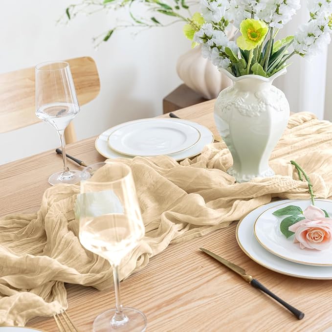 Asee'm 12pcs Cheesecloth Table Runner 120 Inches Long Sand Boho Gauze Cheese Cloth Runner 10FT Rustic Sheer Table Runners for Christmas Wedding Party Baby Shower Spring Easter Decoration