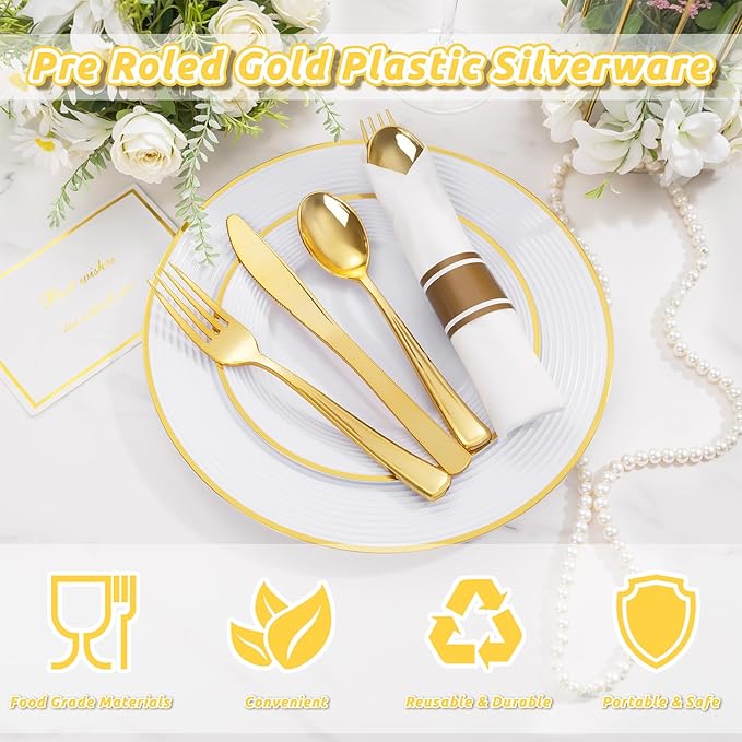 Spoons, Gold Plastic Disposable Cutlery Set with Napkins, 400 Pieces