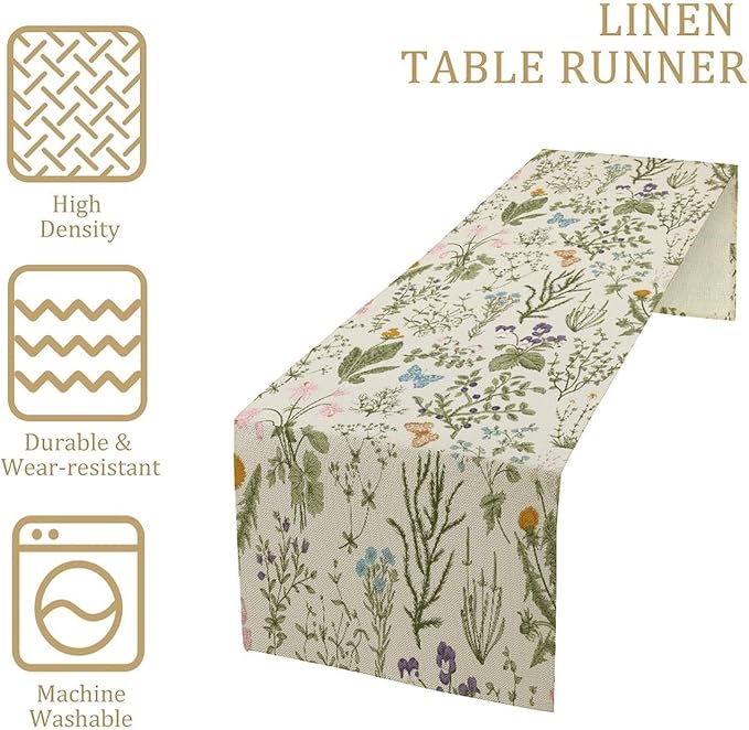 Floral Botanical Table Runner, Garden Spring Flower Botanical Butterfly Animal for Restaurant, Kitchen, Wedding, Party Rectangular Table Runner Decoration,13in（33cm） W * 36in（92cm） L