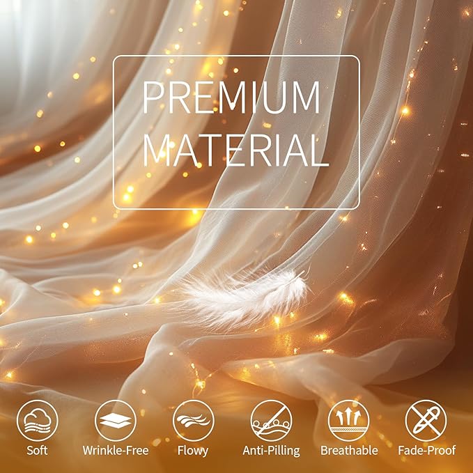Champagne Tulle Backdrop Curtain with Lights String - 10x8ft Sheer Backdrop with 250 LEDs for Wedding, Baby Shower, Bridal Shower, Birthday Party Photo Shoot Background and Home Decorations