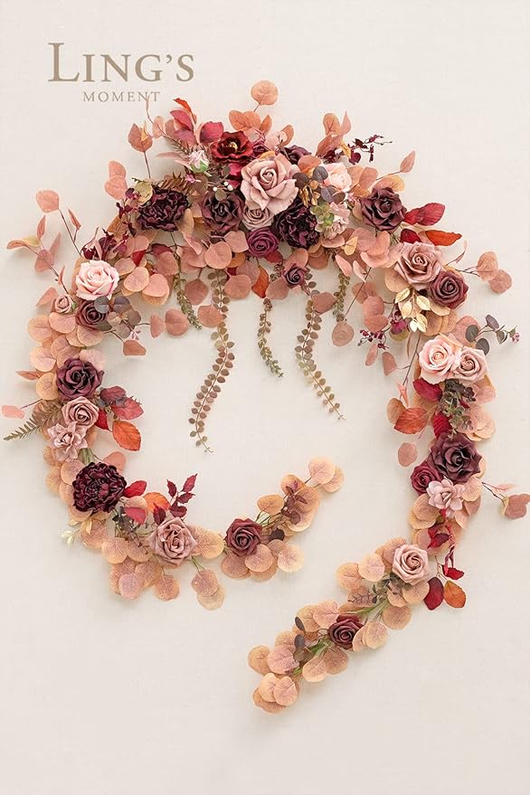 Ling's moment 9FT Eucalyptus and Willow Leaf Garland with White Flower, Handcrafted Wedding Sweetheart Table Centerpieces Head Table Decor Arch Backdrop Decorations for Wedding | Burgundy & Dusty rose