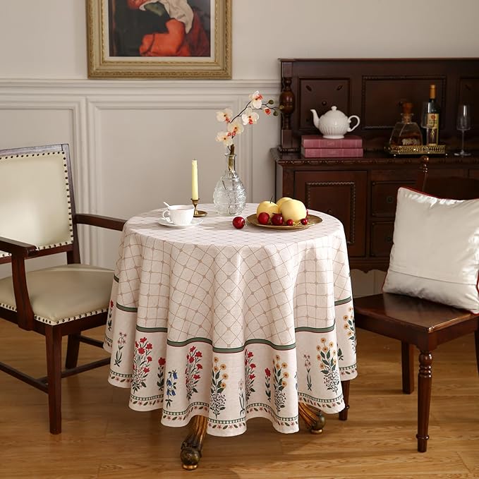 ISAENNE Designer Vintage Linen Floral Round Tablecloth,Fall Colorful Modern Table Cloth,Anti-Wrinkle Decor Tablecloths for Dining Thanksgiving Kitchen Christmas,Diameter 67"-Bertina E