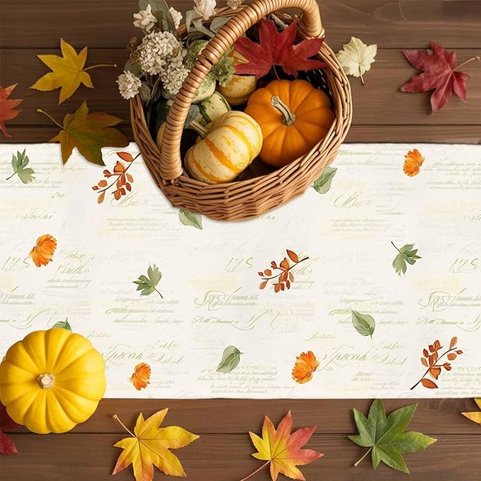 Fall Wildflowers Cotton Linen Table Runner for Dining Kitchen, Thanksgiving Pumpkin Outdoor Party Rustic Tablerunners Decoration,Botanical Floral Vintage Dresser Scarf Tablecloth Runners 13x108 Inches