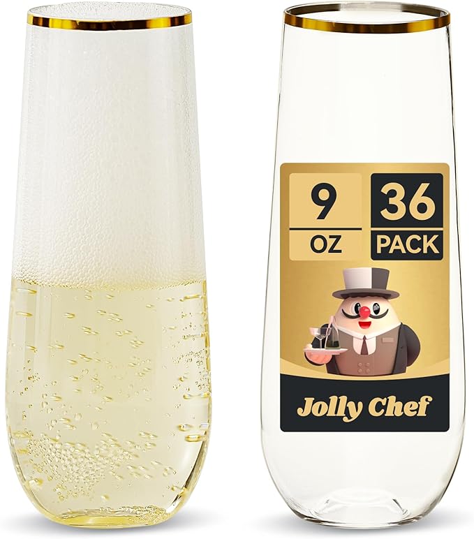 Stemware Set: 36 Gold-Rim Plastic Champagne Flutes, 9 Oz Each