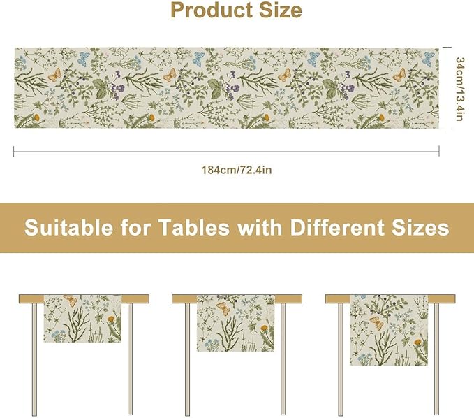 Floral Table Runner,Wildflower Spring Table Runner Seasonal Summer Butterfly Kitchen Dining Table Decoration for Home Party 13x60 Inch