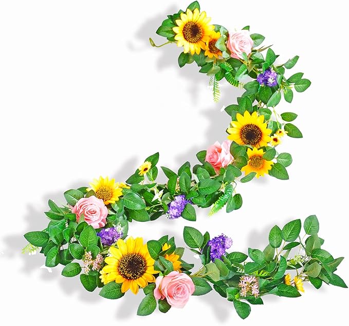 Naidiler Artificial Flower Garland, Sunflower & Rose Vines, Boho Wedding & Birthday Decor, 6ft Straight, Pink & Yellow, Fabric & Plastic