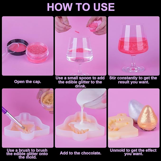 Edible Glitter Powder, 10 Colors, 4 g, Vegan Shimmer for Drinks and Desserts