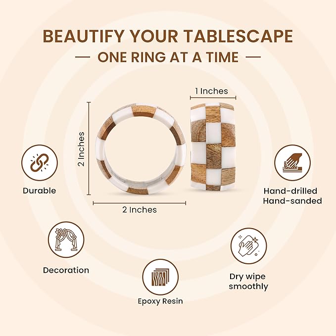 Napkin Rings Set of 12, Brown Cinnamon Mango Wood and Epoxy Resin