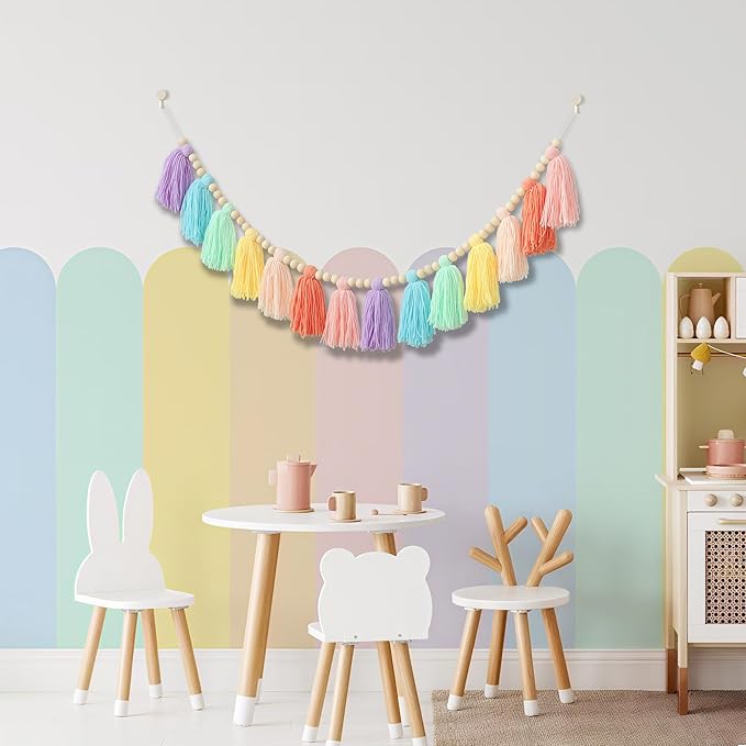 Tassel Garland Pastel Macaron Boho Wall Decor with Wood Beads