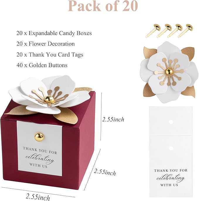 Gift Boxes, 20 Burgundy Favor Boxes with White Floral Decor and Tags