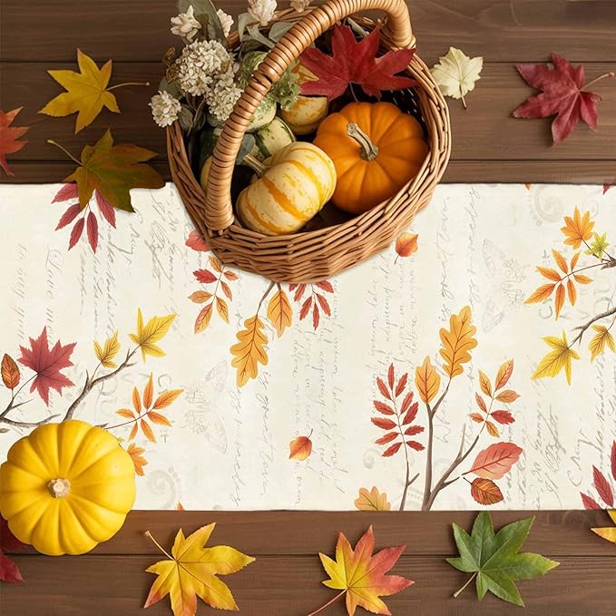 Thanksgiving Fall Cotton Linen Table Runner for Dining Kitchen, Blue Pumpkins Rustic Wedding Outdoor Party Autumn Tablerunners Decoration, Leaves Dresser Scarf Coffee Tablecloth Runners 13x48 Inches