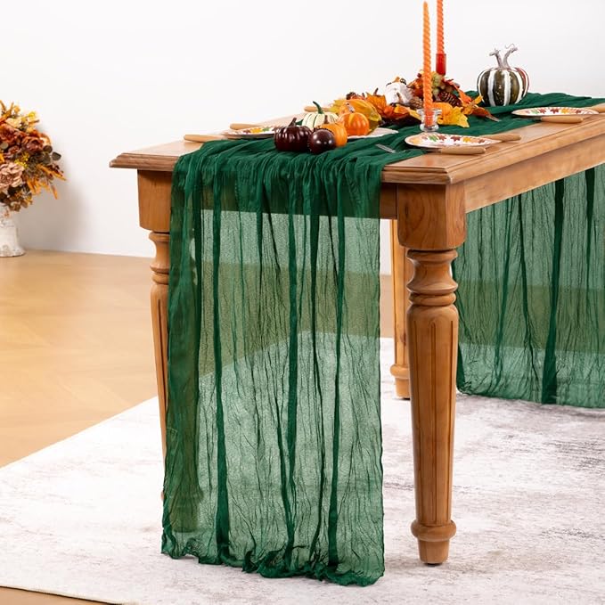 Emerald Green Cheesecloth Table Runner Fall Table Runner Boho Gauze 120 Inches Green Cheese Cloth Fall Table Decorations for Thanksgiving Wedding Bridal Baby Shower Tea Party