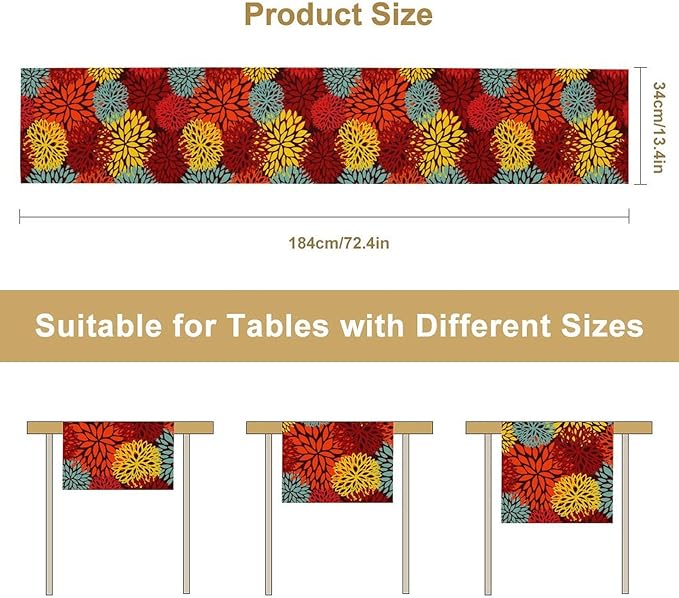 Red Yellow Dahlia Table Runner, Seasonal Autumn Thanksgiving Pattern Print for Home Kitchen Table Decor Dining Coffee Room Party Decor 13x70 Inch