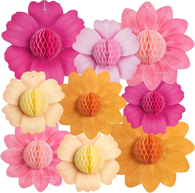 SUNBEAUTY 9 PCS Hot Pink and Orange Party Decorations Fall Large Hanging Paper Flowers Honeycomb Tissue Fiesta Sunset Autumn Decor for Birthday Thanksgiving Wedding Bridal Baby Shower Backdrop Wall