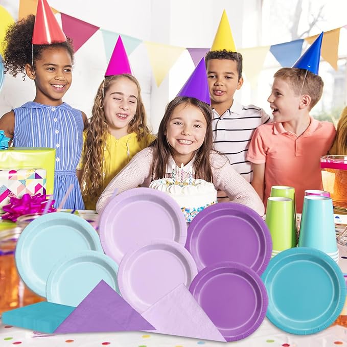 Party Packs: Mermaid Paper Plates and Napkins, 60 Count, 5 Plate Colors