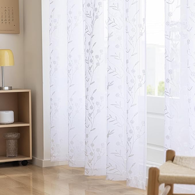 Sheer Curtains Floral Embroidery White 84 Inch Long Rod Pocket Lace Drapes for Living room, Bedroom, 2 Panels, 52"x84", Semi Voile Pattern Outdoor Window Treatment Sets for Yard, Patio, Villa, Parlor.