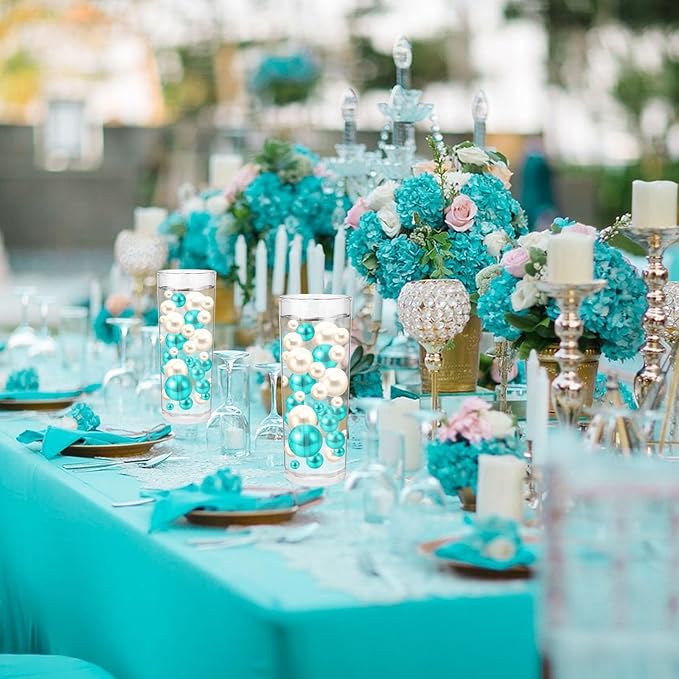 Vase Fillers, 100 Pcs Teal and White Plastic Pearl Beads, Assorted Sizes