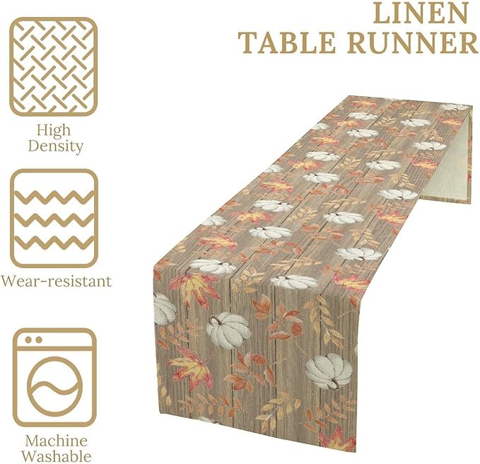 Autumn Table Runner,Pumpkins Maple Leaves Wood Fall r Seasonal Table Runner Kitchen Dining Table Decoration for Home Party Decor 13x36 Inch