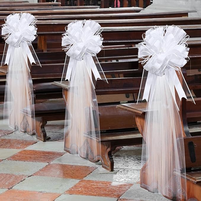 Gift Wrap Bows, 30 Pack White Striped Tulle with Long Tails