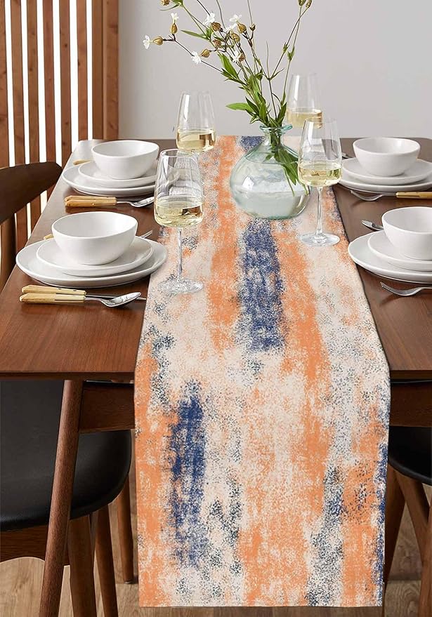 Vintage Oil Painted Cotton Linen Table Runner for Dining Kitchen, Wedding Outdoor Party Tablerunners Decoration, Abstract Modern Orange Minimalist Dresser Scarf Coffee Tablecloth Runners 13x120 Inches
