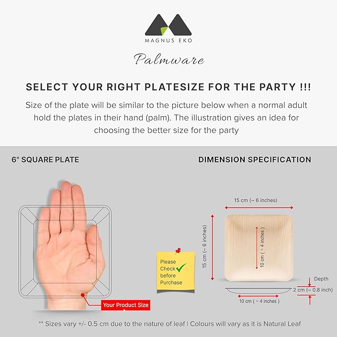 magnus EKO | 6 Inch Square Plates 200 Pcs | Disposable Plates For Party | Eco Friendly, Compostable and Biodegradable serving plates for Catering, Weddings and Parties