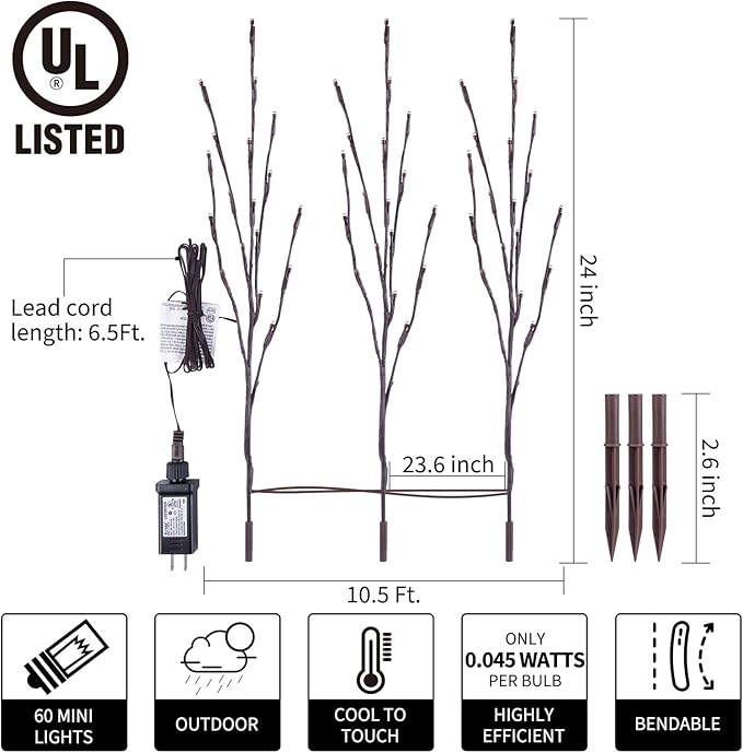 Lighted Branches for Vases Plug in - 3 Pack 24Inch 60 LED Christmas DIY Twig Pathway Lights, Artificial Tree Bendable Xmas Fairy Lights with Stakes for Outdoor Indoor Party Decoration, Multicolor
