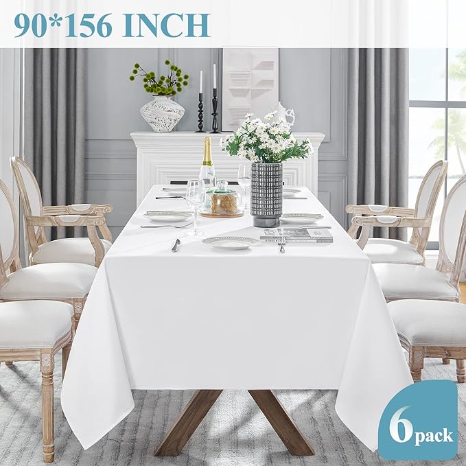 VidaFete Table Cloth 6 Pack 90*156inch Rectangle Tablecloth Polyester, Stain Resistant and Wrinkle Polyester Dining Table Cover for Kitchen Dinning Party Wedding Rectangular Tabletop Decoration(White)
