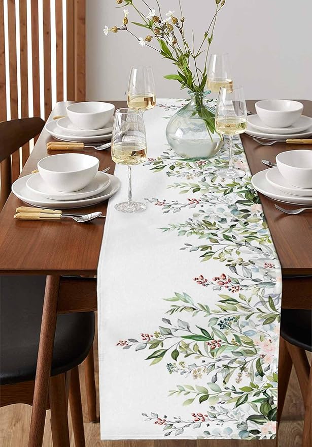 Botanical Eucalyptus Cotton Linen Table Runner for Dining Kitchen, Wedding Outdoor Party Tablerunners Decoration, Sage Green Leaves Elegant Floral Dresser Scarf Coffee Tablecloth Runners 13x90 Inches