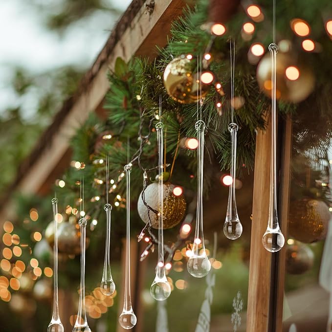 22 Pcs Clear Glass Teardrop Christmas Ornaments Crystal Raindrop Hanging Ornaments Crystal Chandelier Drop Pendant Icicles Decorations for Christmas Tree Winter Party Supplies (4 Large Size)