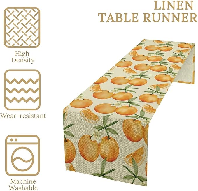 Spring Summer Orange Citrus Table Runner Watercolor Sweet Fruit Botanical Print Dinner Runner for Farmhouse Baby Shower Party Holiday Home Kitchen Dining Table Decor 13x90