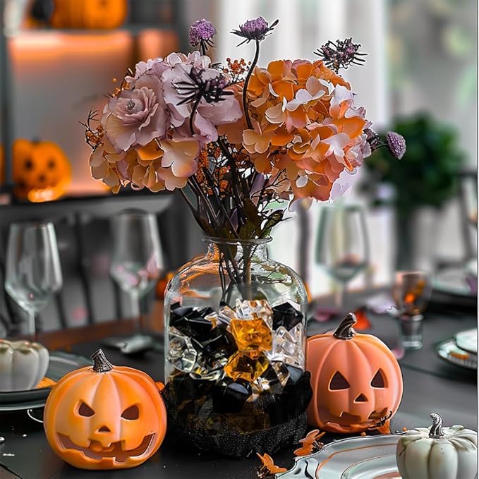 HappyFiller Halloween Decoration Acrylic Gems Fake Crystal Cubes Jewels Rocks for Vase Fillers, Centerpieces,Party Decor Ice Stones Table Scatter,Orange,Black and White,14 OZ