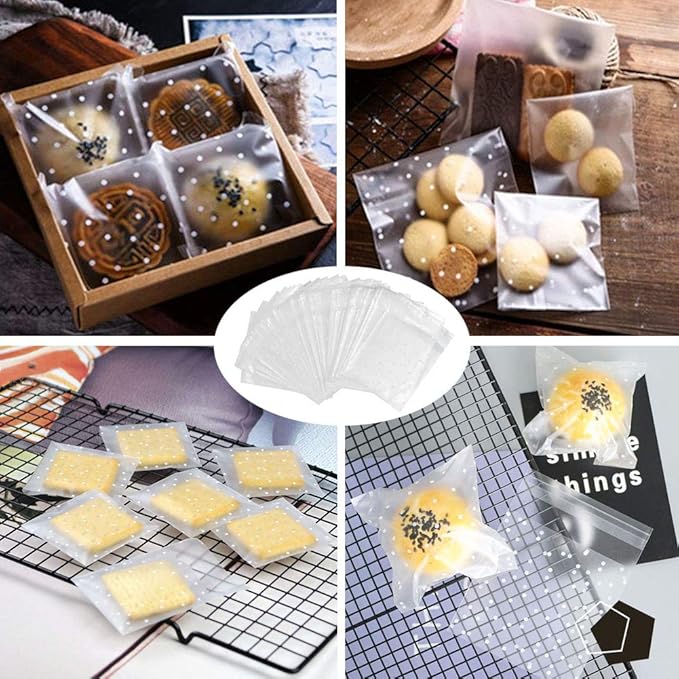 100 Packs Self Sealing Cellophane Treat Bags 5x7 Inches, Searik 4 Mils Resealable Plastic Pastry Cookie Bags with Thank You Labels for Party Gift Giving Bakery Candy Cookie Chocolate