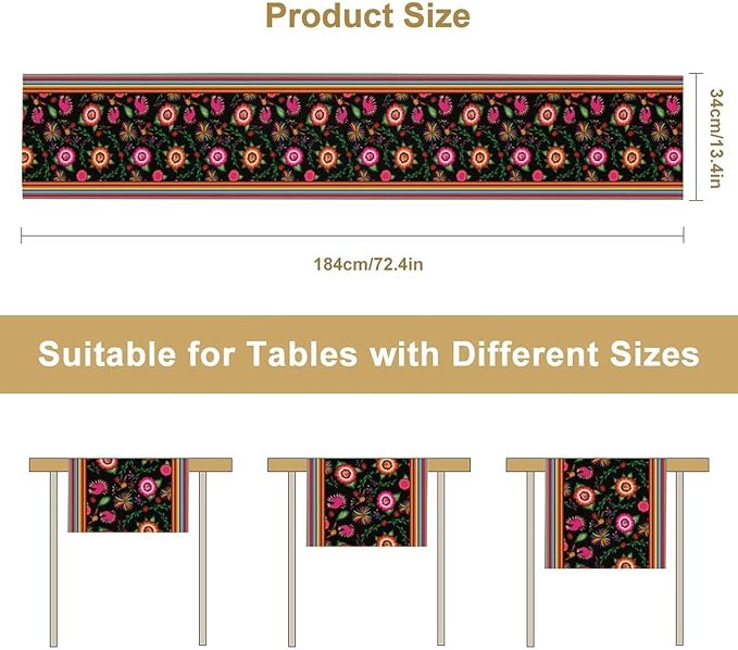 Mexican Table Runner,Colorful Flowers Cinco De Mayo Decor Table Runner for Kitchen Dining Table Home Party Decoration 13x90 Inch