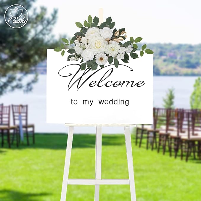 Artificial Flowers Wedding Arch Decor, White Set of 2 with 20 Plastic Stems