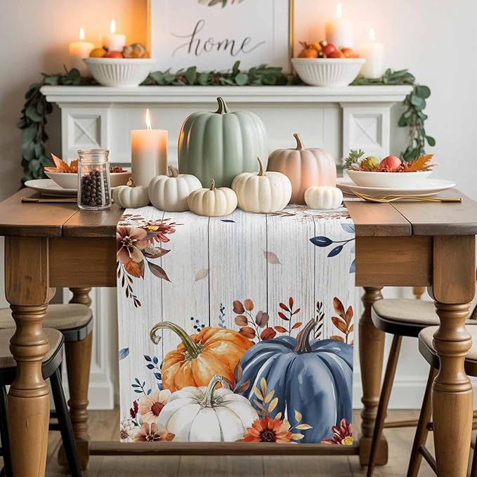Thanksgiving Fall Cotton Linen Table Runner for Dining Kitchen, Pumpkins Eucalyptus Wedding Outdoor Party Tablerunners Decoration Farmhouse Wooden Dresser Scarf Coffee Tablecloth Runners 13x108 Inches