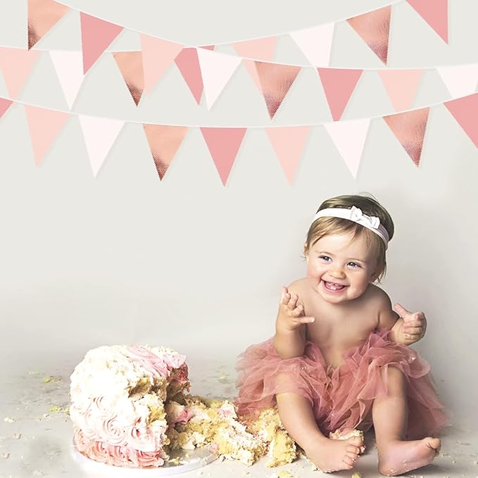 32Ft Rose Gold Party Decorations Dusty Blush Pink Pennant Banner Fabric Triangle Flag Bunting Garland Streamers for Wedding Birthday Anniversary Baby Bridal Shower Home Outdoor Garden Decorations